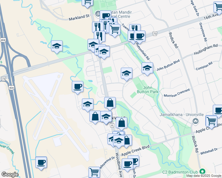 map of restaurants, bars, coffee shops, grocery stores, and more near 29 Burr Crescent in Markham