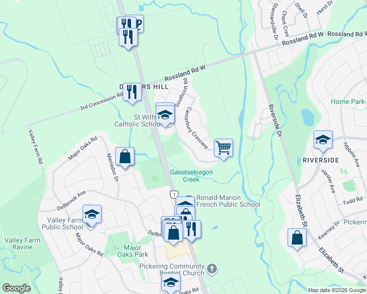 map of restaurants, bars, coffee shops, grocery stores, and more near 2340 Southcott Road in Pickering