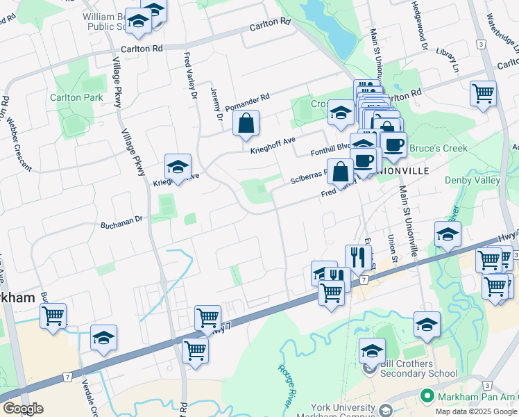 map of restaurants, bars, coffee shops, grocery stores, and more near 93 Fred Varley Drive in Markham