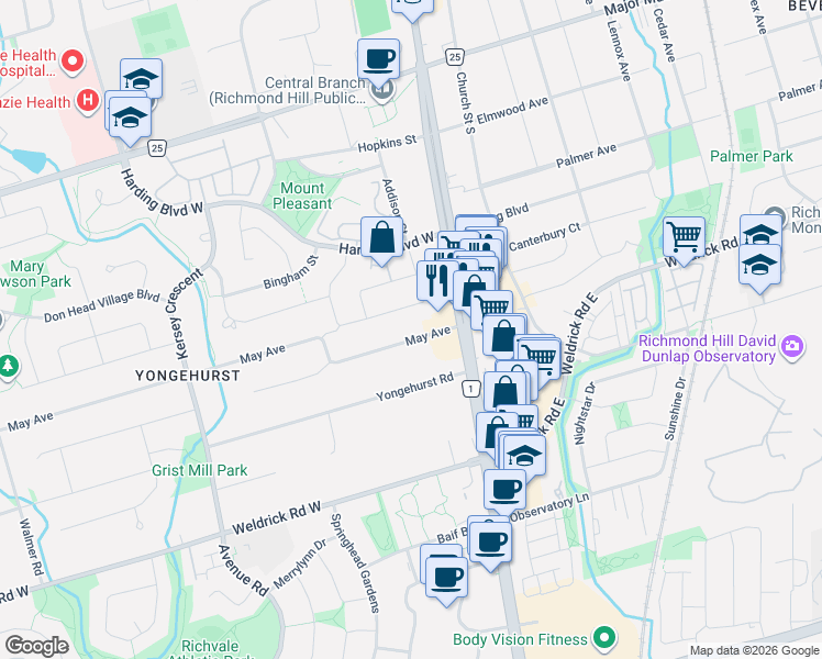 map of restaurants, bars, coffee shops, grocery stores, and more near 20 May Avenue in Richmond Hill