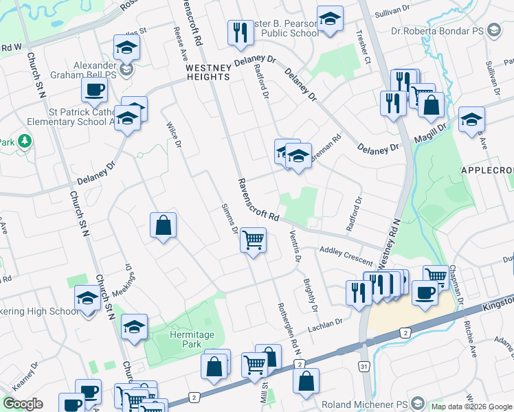 map of restaurants, bars, coffee shops, grocery stores, and more near 100 Ravenscroft Road in Ajax