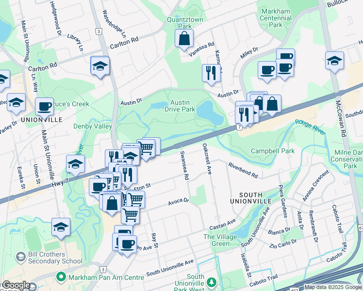 map of restaurants, bars, coffee shops, grocery stores, and more near Hwy 7 & Swansea Rd in Markham