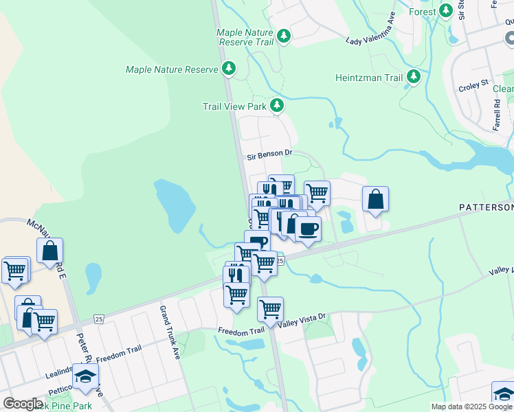 map of restaurants, bars, coffee shops, grocery stores, and more near 32 Robert Green Crescent in Vaughan