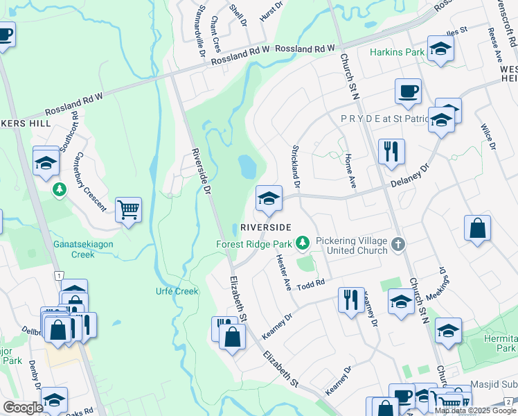 map of restaurants, bars, coffee shops, grocery stores, and more near 22 Roberson Drive in Ajax