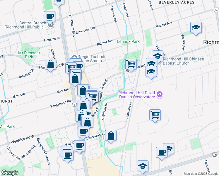 map of restaurants, bars, coffee shops, grocery stores, and more near 75 Weldrick Road East in Richmond Hill