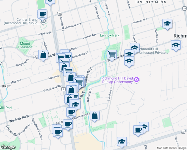 map of restaurants, bars, coffee shops, grocery stores, and more near 75 Weldrick Road East in Richmond Hill