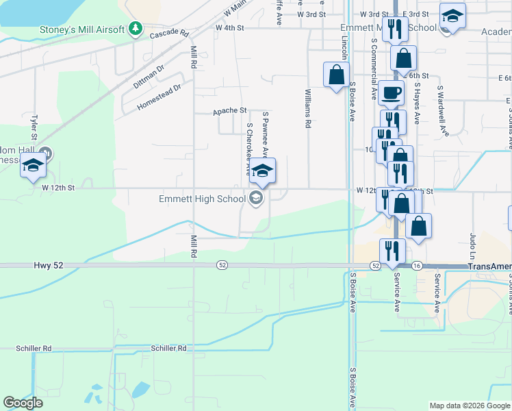 map of restaurants, bars, coffee shops, grocery stores, and more near 721 West 12th Street in Emmett