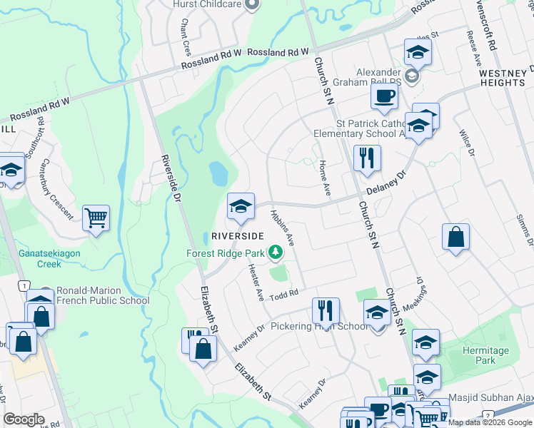 map of restaurants, bars, coffee shops, grocery stores, and more near 58 Hibbins Avenue in Ajax