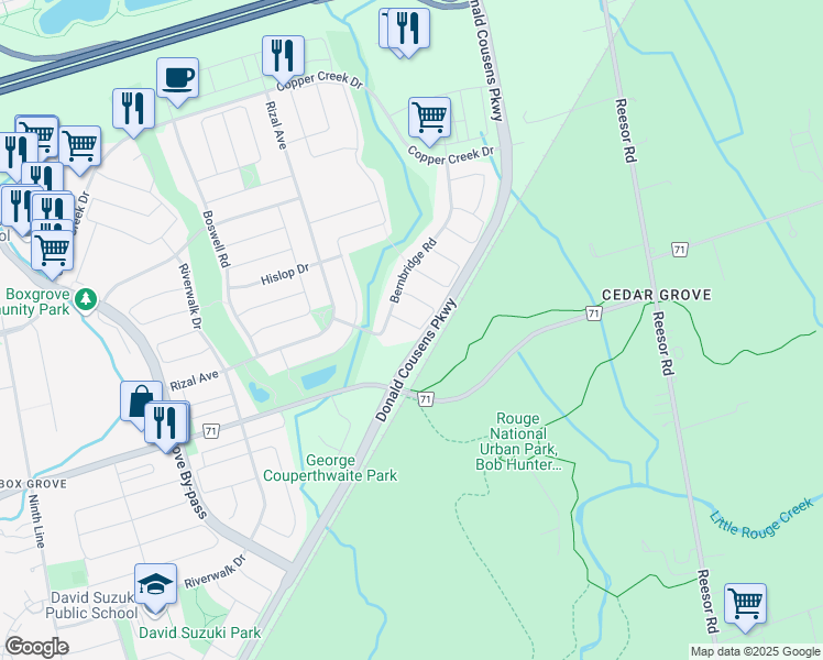 map of restaurants, bars, coffee shops, grocery stores, and more near 15 Gooseman Crescent in Markham