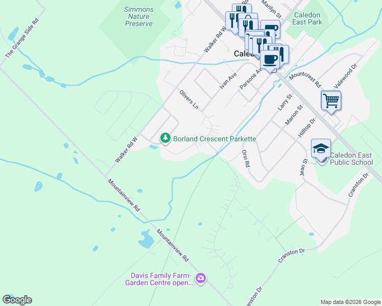 map of restaurants, bars, coffee shops, grocery stores, and more near 43 Olivers Lane in Caledon East