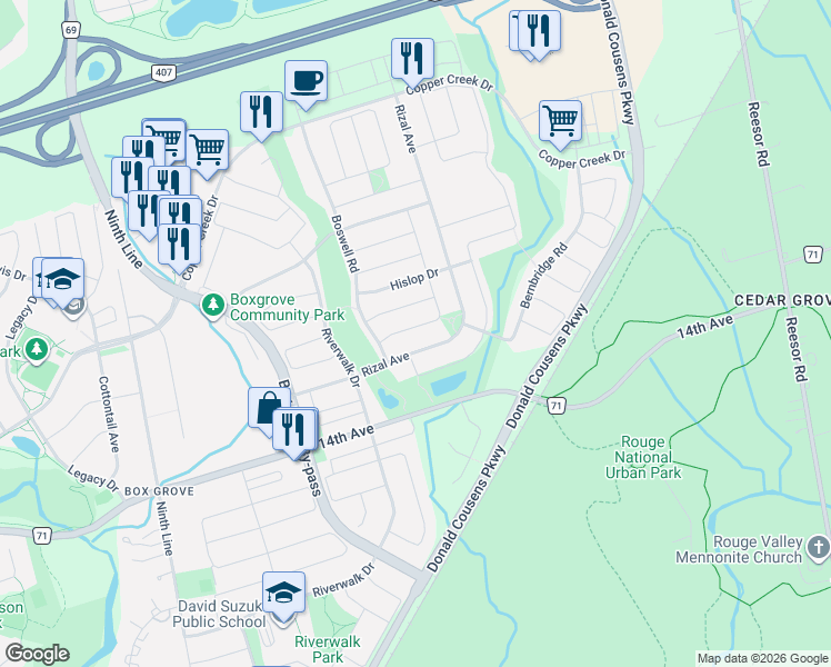 map of restaurants, bars, coffee shops, grocery stores, and more near 13 Forestbrook Drive in Markham