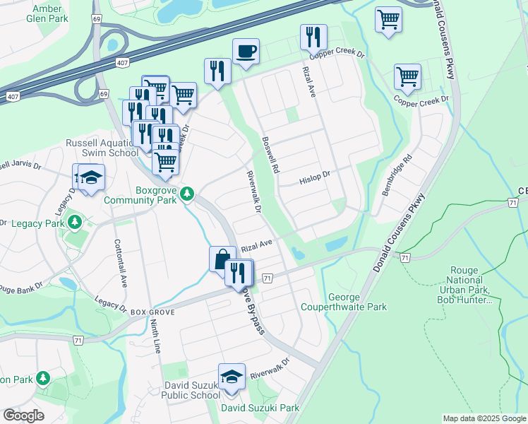 map of restaurants, bars, coffee shops, grocery stores, and more near 229 Riverwalk Drive in Markham