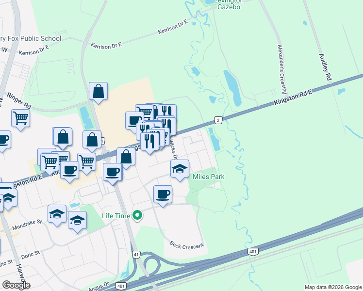 map of restaurants, bars, coffee shops, grocery stores, and more near 18 Clarepark Court in Ajax
