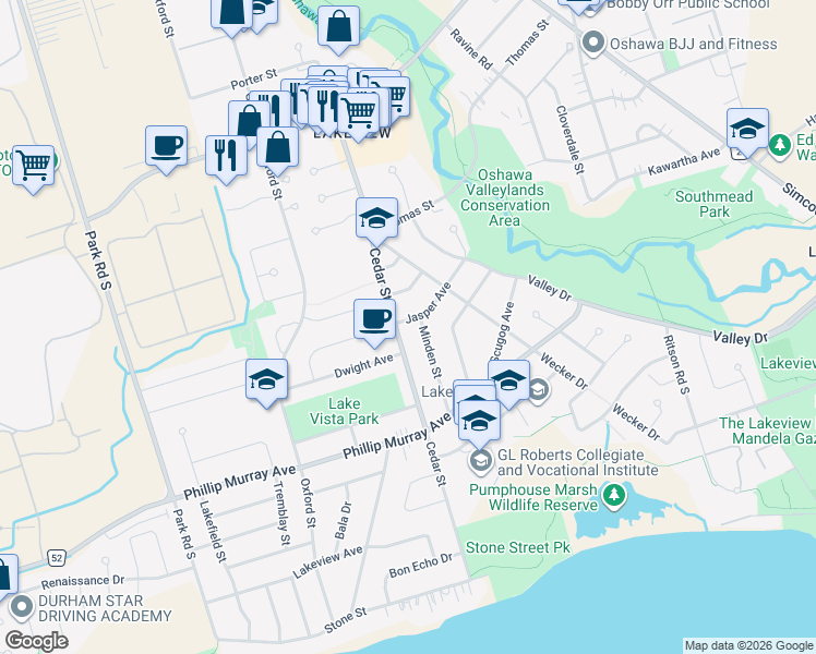 map of restaurants, bars, coffee shops, grocery stores, and more near 339 Jasper Avenue in Oshawa
