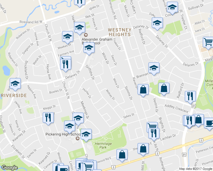 map of restaurants, bars, coffee shops, grocery stores, and more near 31 Withay Drive in Ajax