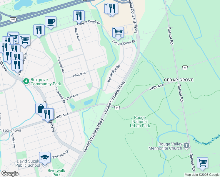 map of restaurants, bars, coffee shops, grocery stores, and more near 5 Gooseman Crescent in Markham