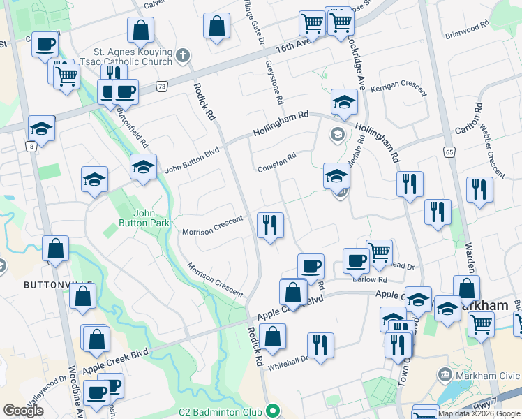map of restaurants, bars, coffee shops, grocery stores, and more near 16 Queensgate Court in Markham