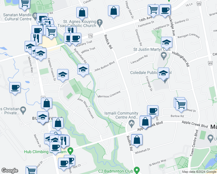 map of restaurants, bars, coffee shops, grocery stores, and more near 38 Tomlinson Circle in Markham
