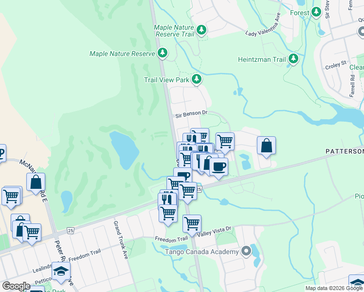 map of restaurants, bars, coffee shops, grocery stores, and more near 19 Robert Green Crescent in Vaughan