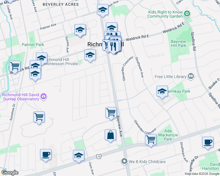 map of restaurants, bars, coffee shops, grocery stores, and more near 9412 Bayview Avenue in Richmond Hill