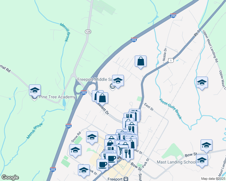 map of restaurants, bars, coffee shops, grocery stores, and more near 19 Kendall Lane in Freeport