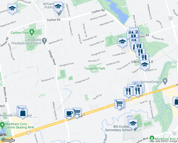map of restaurants, bars, coffee shops, grocery stores, and more near 105 Fred Varley Drive in Markham