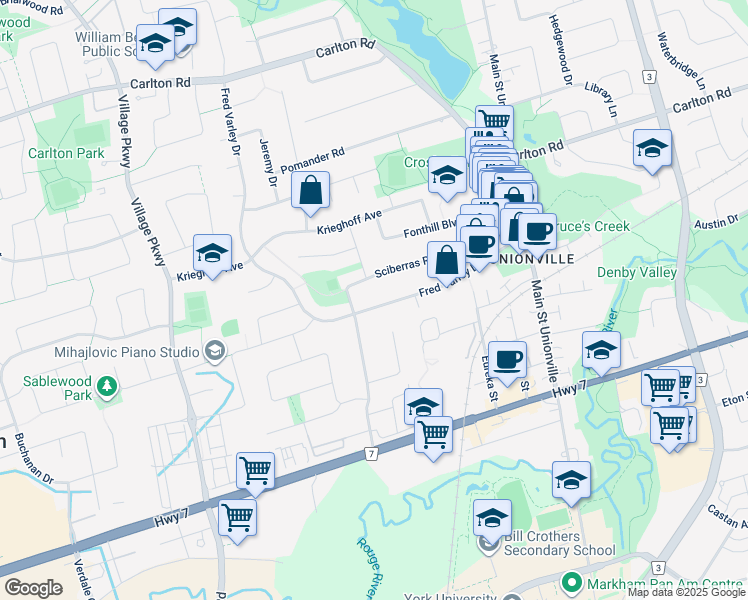 map of restaurants, bars, coffee shops, grocery stores, and more near 73 Fred Varley Drive in Markham