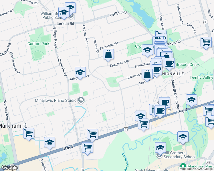 map of restaurants, bars, coffee shops, grocery stores, and more near 105 Fred Varley Drive in Markham