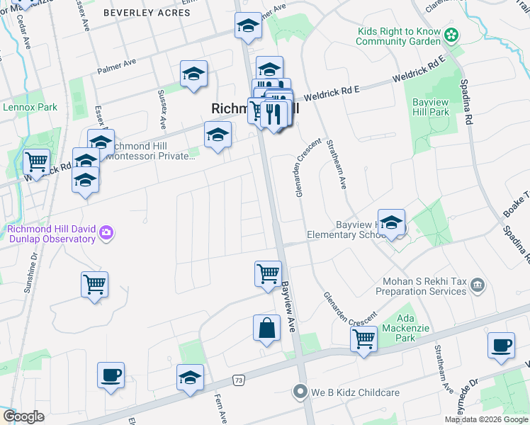 map of restaurants, bars, coffee shops, grocery stores, and more near 9414 Bayview Avenue in Richmond Hill