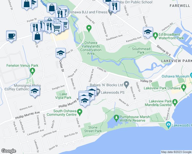 map of restaurants, bars, coffee shops, grocery stores, and more near 1308 Fundy Court in Oshawa