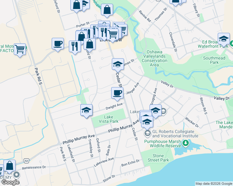 map of restaurants, bars, coffee shops, grocery stores, and more near 293 Kinmount Crescent in Oshawa