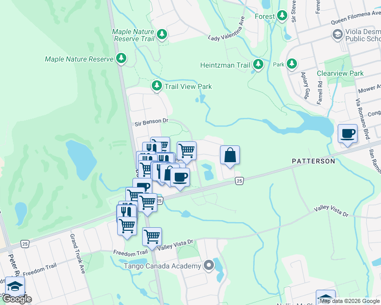 map of restaurants, bars, coffee shops, grocery stores, and more near 78 Sir Benson Drive in Vaughan