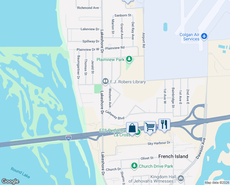 map of restaurants, bars, coffee shops, grocery stores, and more near 2540 Island Park Road in La Crosse