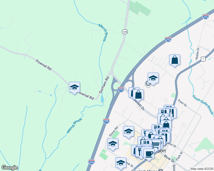 map of restaurants, bars, coffee shops, grocery stores, and more near 10 Durham Road in Freeport