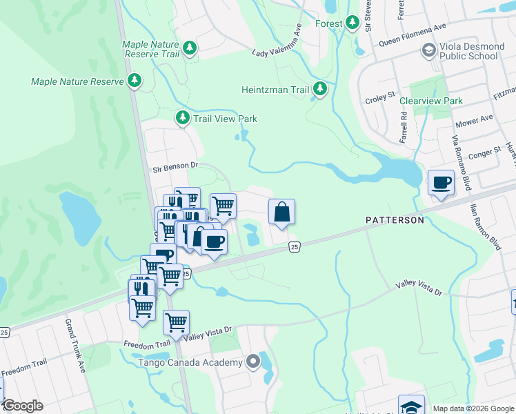 map of restaurants, bars, coffee shops, grocery stores, and more near 36 Little Ashley Drive in Vaughan