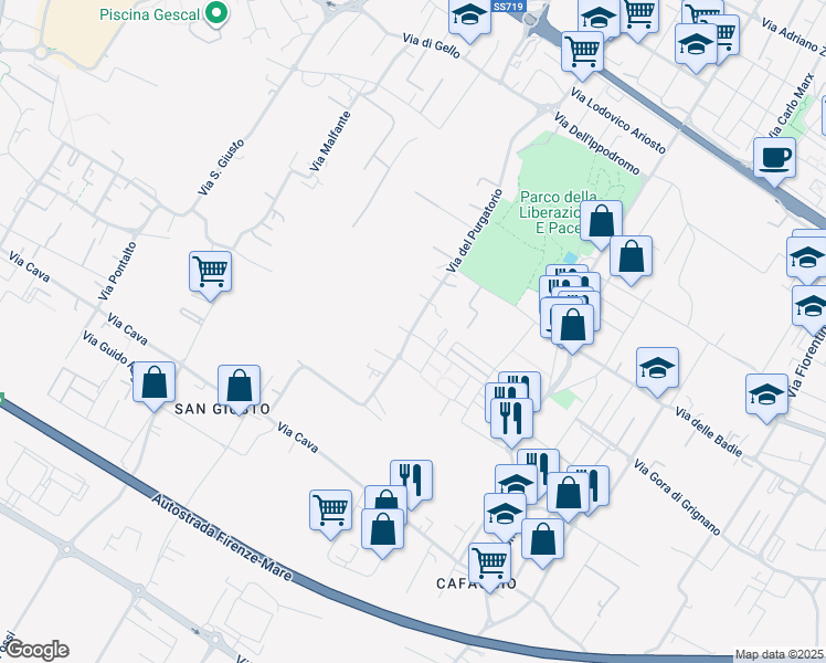 map of restaurants, bars, coffee shops, grocery stores, and more near 137 Via del Purgatorio in Prato