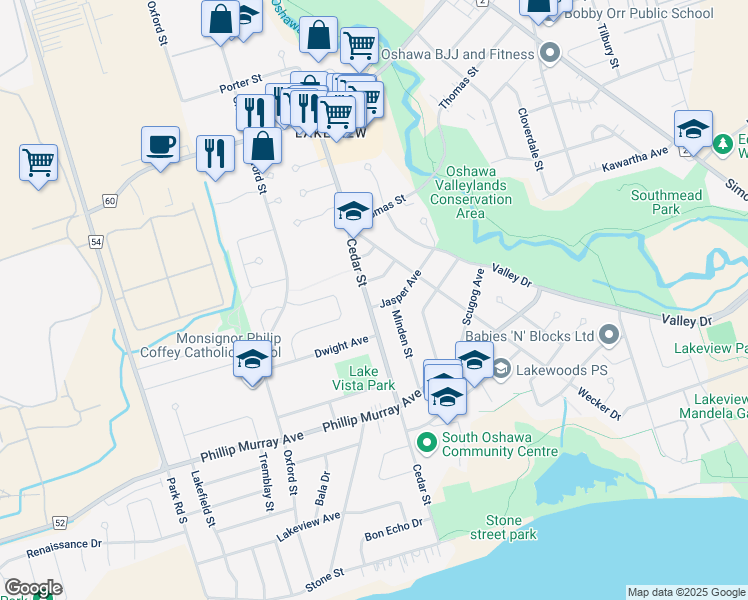 map of restaurants, bars, coffee shops, grocery stores, and more near 344 Jasper Avenue in Oshawa