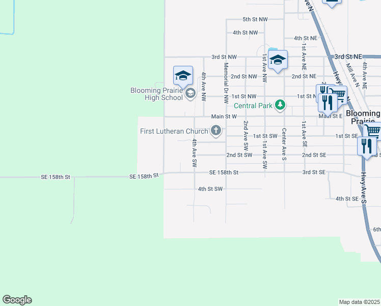 map of restaurants, bars, coffee shops, grocery stores, and more near 282 4th Avenue Southwest in Blooming Prairie