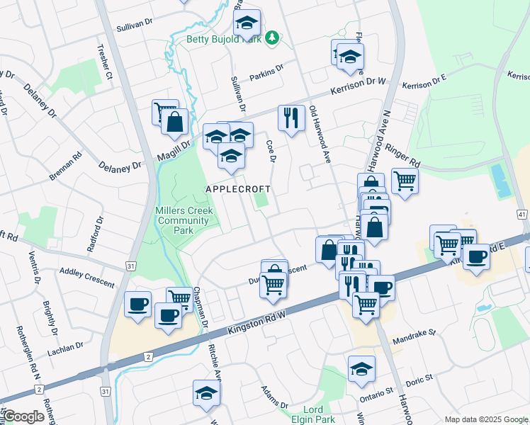 map of restaurants, bars, coffee shops, grocery stores, and more near 41 Coomer Crescent in Ajax