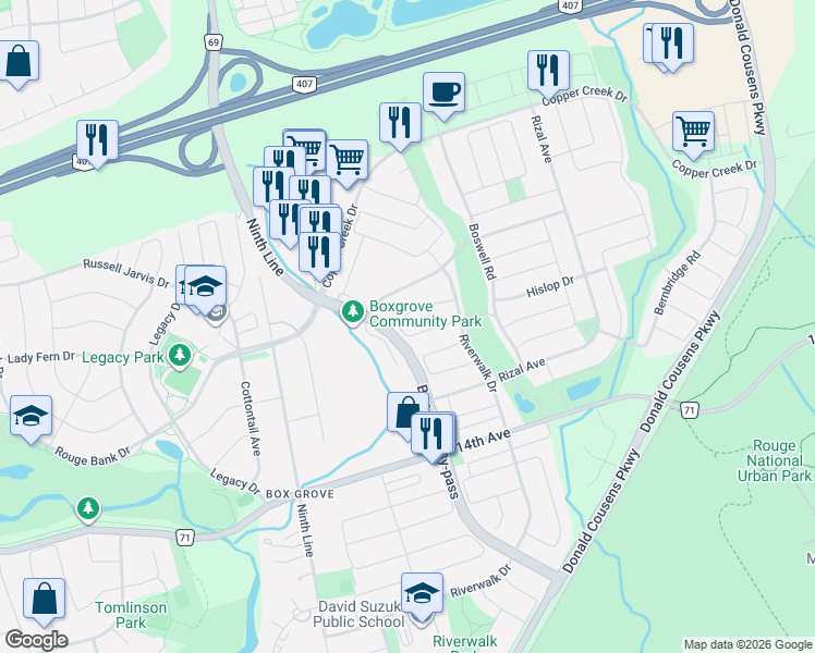 map of restaurants, bars, coffee shops, grocery stores, and more near 32 Albert Roffey Crescent in Markham