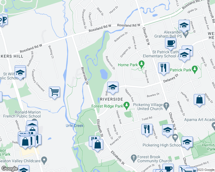 map of restaurants, bars, coffee shops, grocery stores, and more near 22 Roberson Drive in Ajax