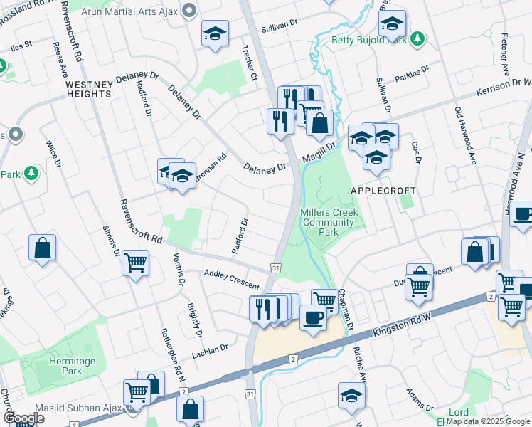 map of restaurants, bars, coffee shops, grocery stores, and more near 125 Chatfield Drive in Ajax