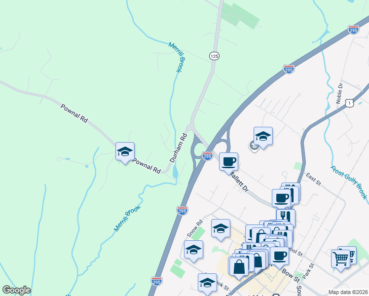 map of restaurants, bars, coffee shops, grocery stores, and more near 10 Durham Road in Freeport