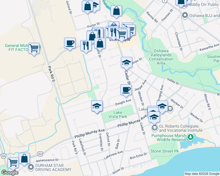 map of restaurants, bars, coffee shops, grocery stores, and more near in Oshawa