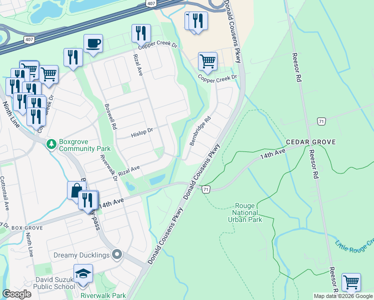 map of restaurants, bars, coffee shops, grocery stores, and more near 38 Bernbridge Road in Markham