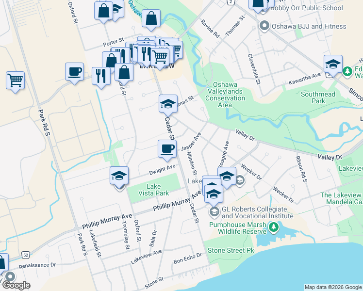 map of restaurants, bars, coffee shops, grocery stores, and more near 336 Jasper Avenue in Oshawa