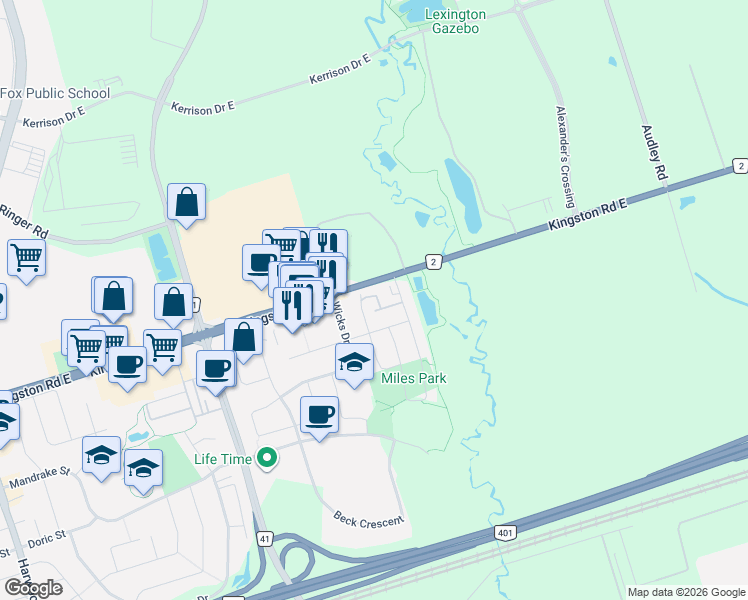 map of restaurants, bars, coffee shops, grocery stores, and more near 47 Martinworth Lane in Ajax