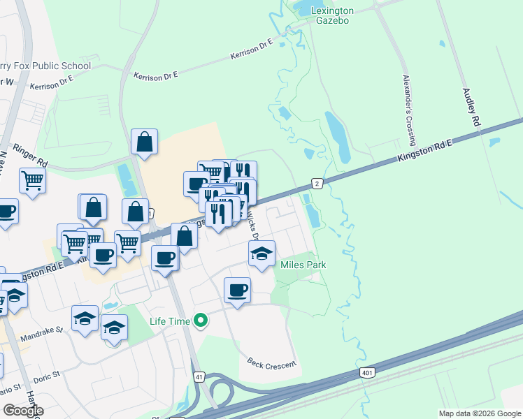 map of restaurants, bars, coffee shops, grocery stores, and more near 32 Clarepark Court in Ajax