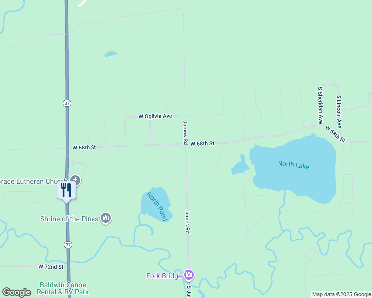 map of restaurants, bars, coffee shops, grocery stores, and more near 8543 James Road in Baldwin