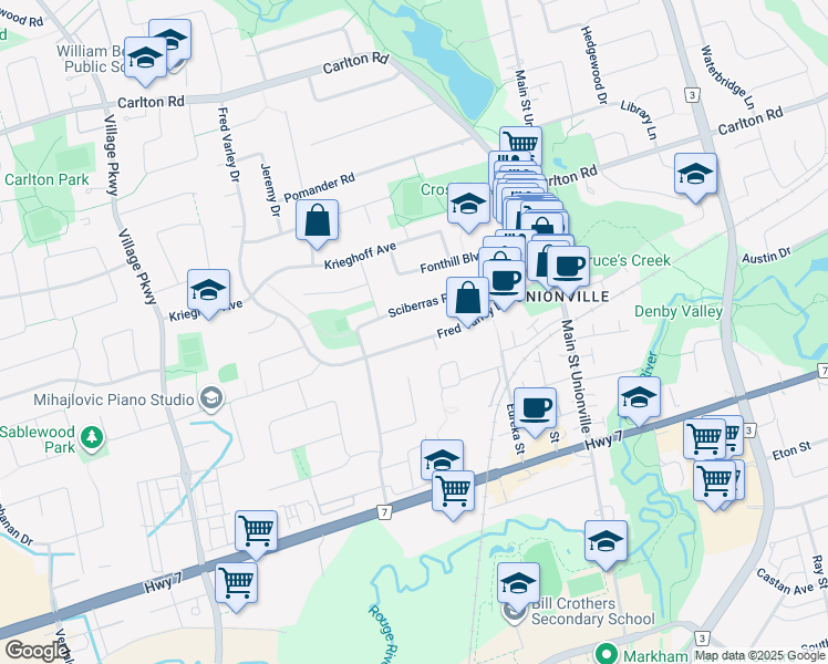 map of restaurants, bars, coffee shops, grocery stores, and more near 61 Fred Varley Drive in Markham